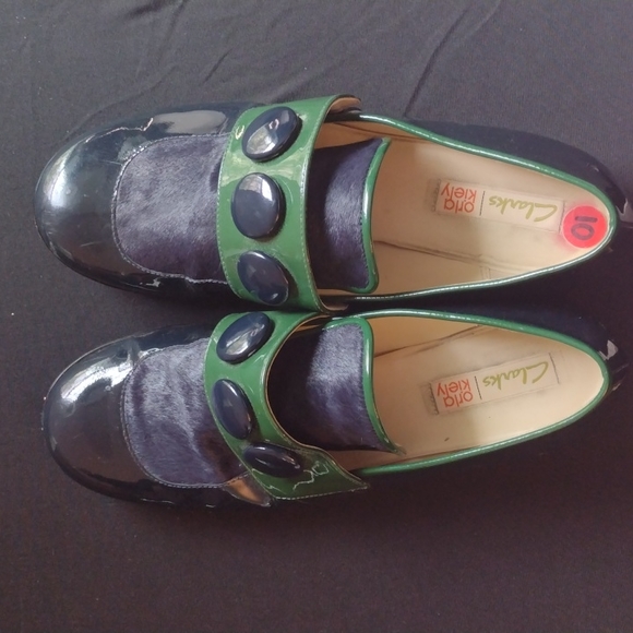 Clarks Shoes - Clark's Orla Kiely Limited Edition..Green& Blue Sheep Skin& Patent Leather Shoe